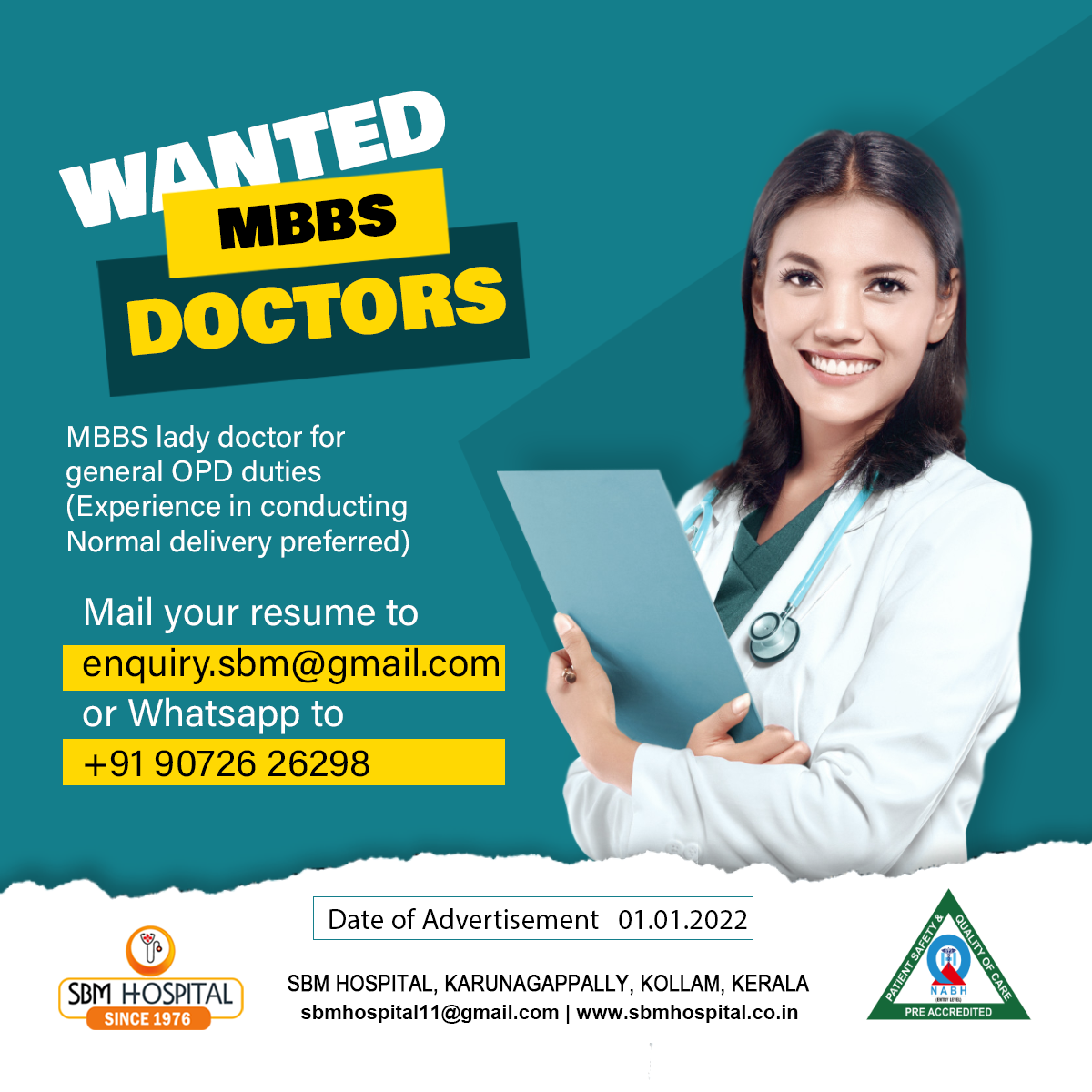 Wanted MBBS lady doctor